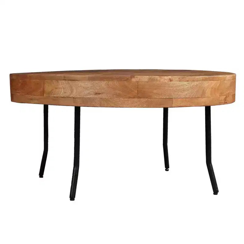 Table basse en bois de manguier fait main, plateau rond, pieds métalliques noirs inclinés, 32 pouces