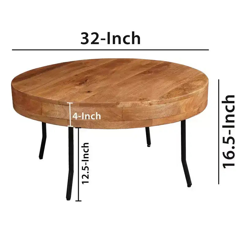 Table basse en bois de manguier fait main, plateau rond, pieds métalliques noirs inclinés, 32 pouces