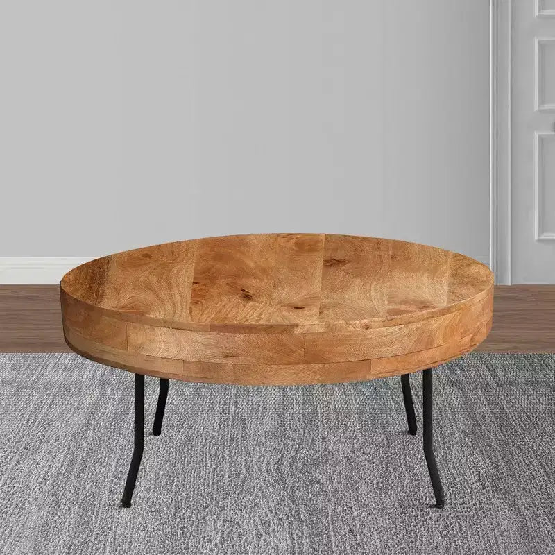 Table basse en bois de manguier fait main, plateau rond, pieds métalliques noirs inclinés, 32 pouces
