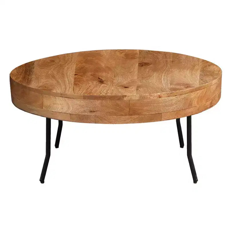 Table basse en bois de manguier fait main, plateau rond, pieds métalliques noirs inclinés, 32 pouces