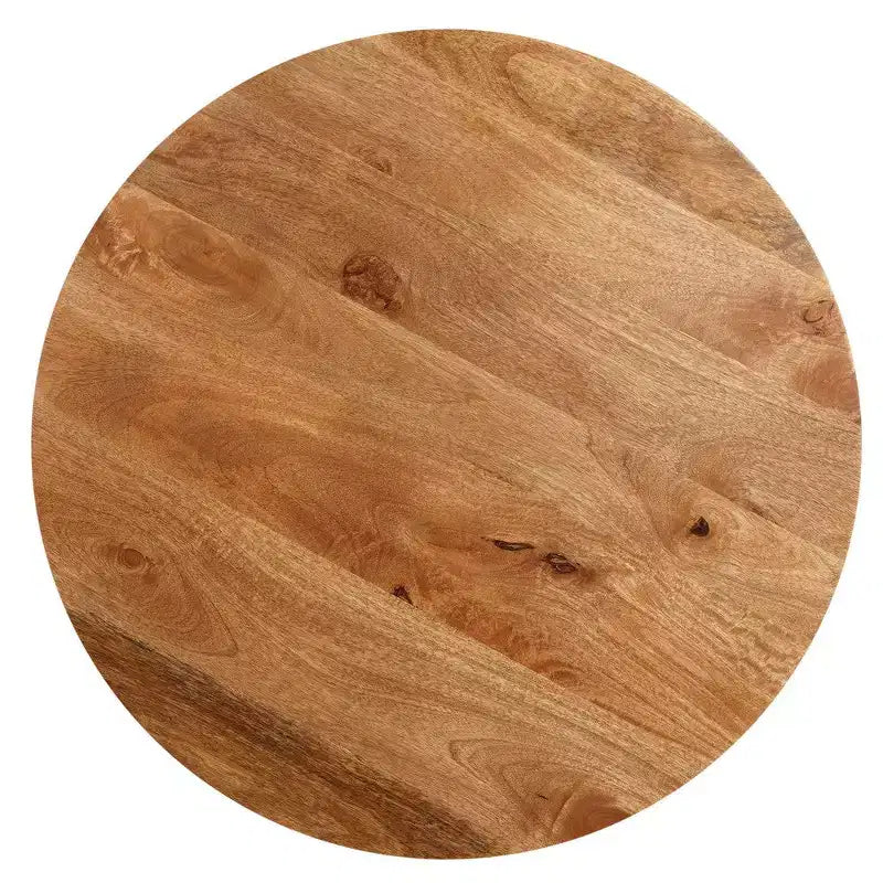 Table basse en bois de manguier fait main, plateau rond, pieds métalliques noirs inclinés, 32 pouces