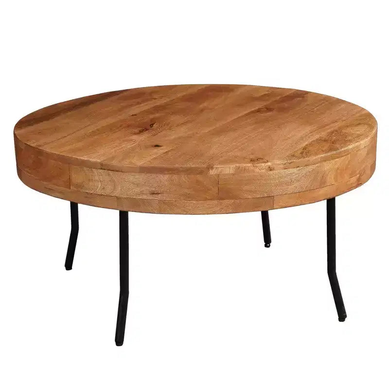 Table basse en bois de manguier fait main, plateau rond, pieds métalliques noirs inclinés, 32 pouces