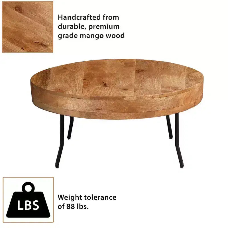 Table basse en bois de manguier fait main, plateau rond, pieds métalliques noirs inclinés, 32 pouces