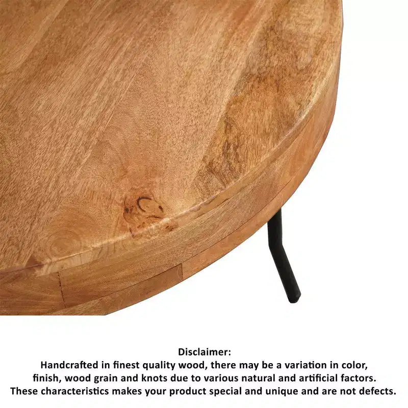 Table basse en bois de manguier fait main, plateau rond, pieds métalliques noirs inclinés, 32 pouces