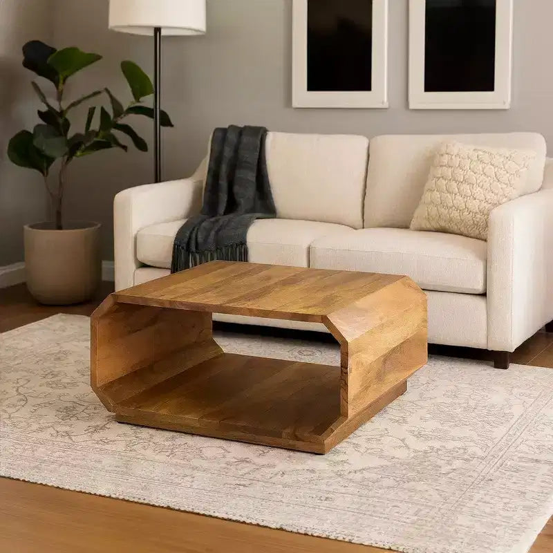 Table basse cube creux fait main en bois de manguier brun naturel, 76 cm -