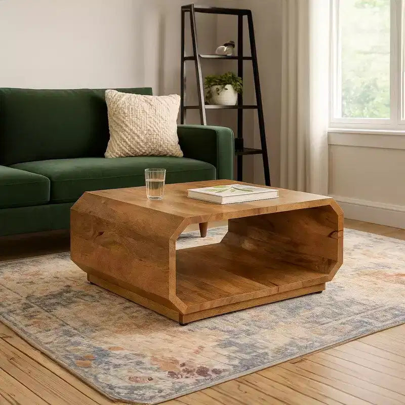 Table basse cube creux fait main en bois de manguier brun naturel, 76 cm -