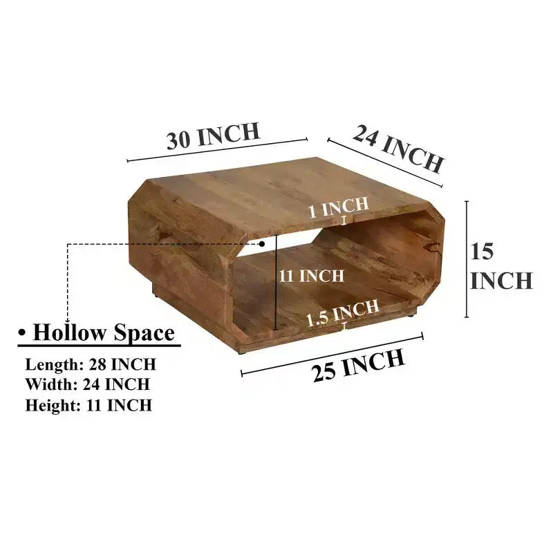 Table basse cube creux fait main en bois de manguier brun naturel, 76 cm -