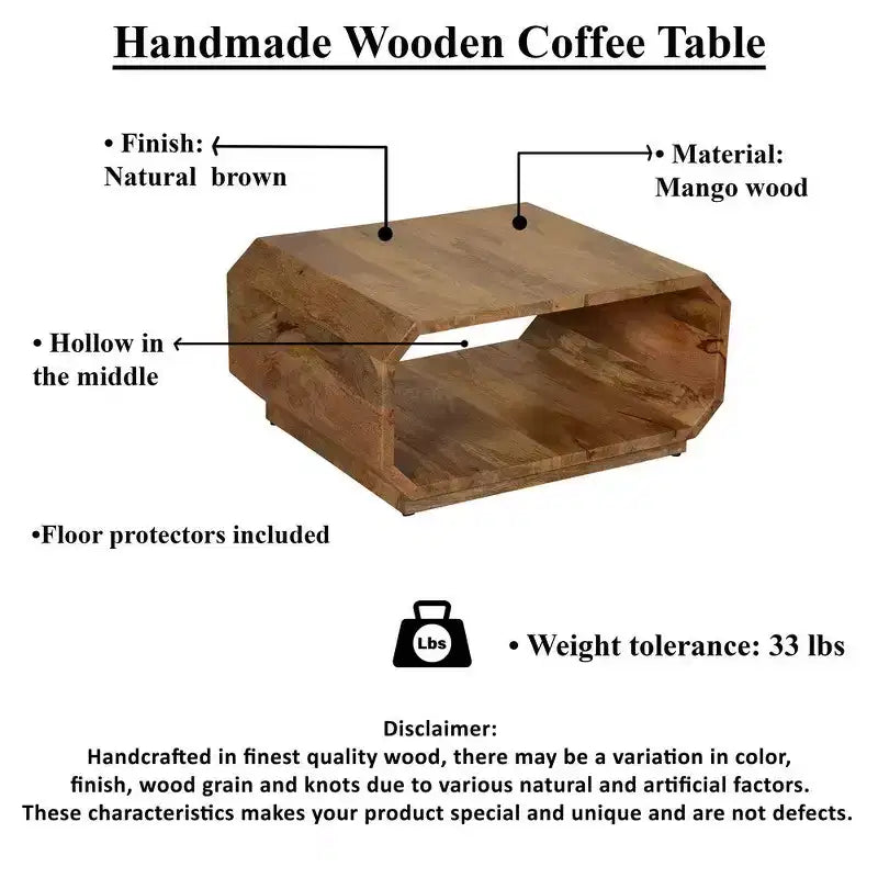 Table basse cube creux fait main en bois de manguier brun naturel, 76 cm -