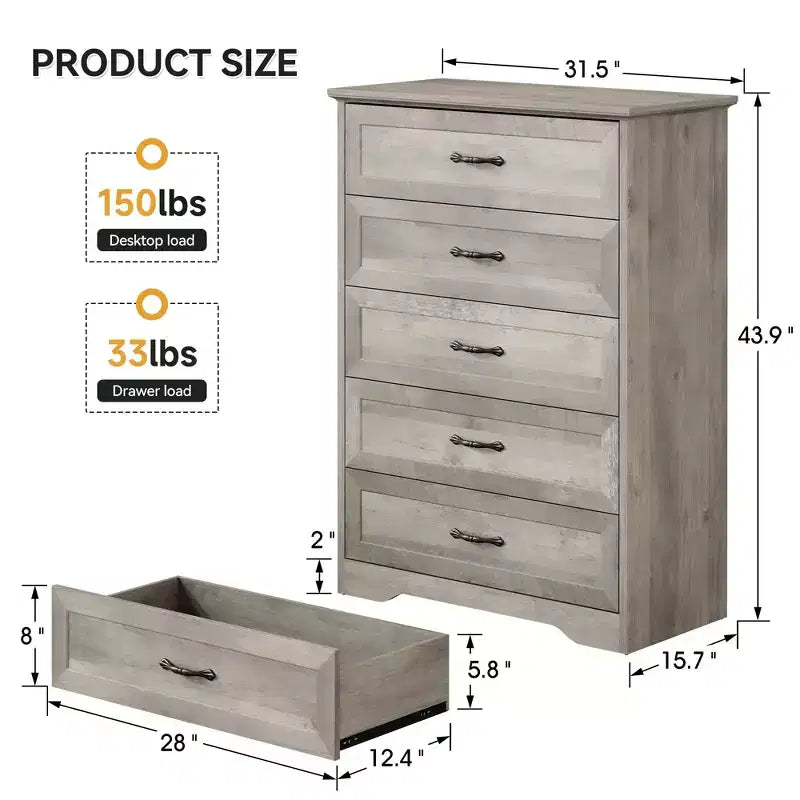 Commode simple grise à cinq tiroirs, commode grande capacité à cinq tiroirs, adaptée à divers scénarios, conception de sécurité anti-basculement