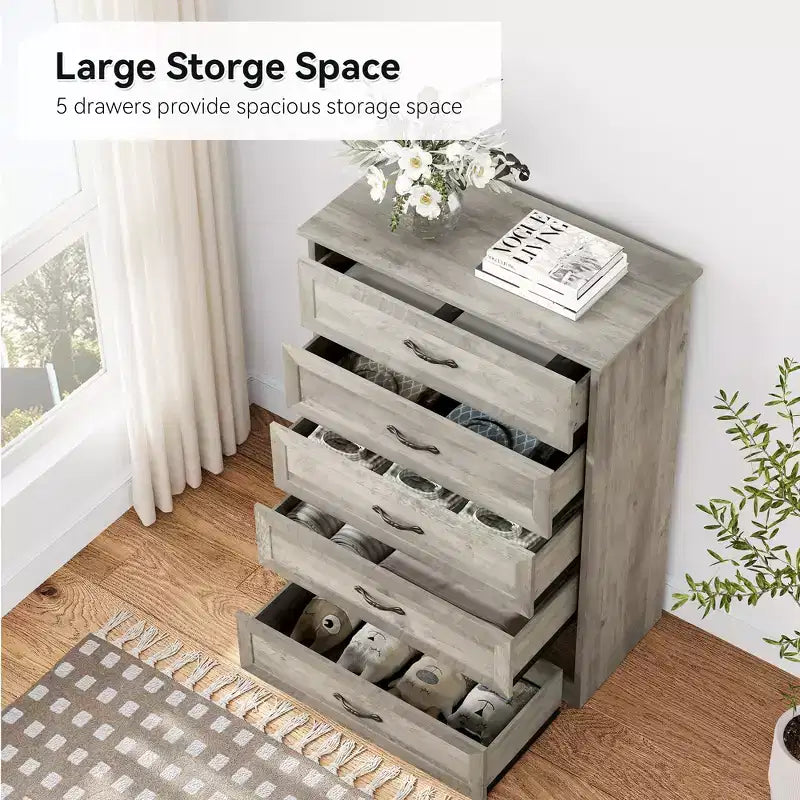 Commode simple grise à cinq tiroirs, commode grande capacité à cinq tiroirs, adaptée à divers scénarios, conception de sécurité anti-basculement