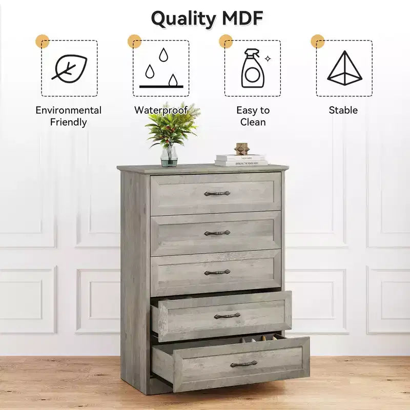 Commode simple grise à cinq tiroirs, commode grande capacité à cinq tiroirs, adaptée à divers scénarios, conception de sécurité anti-basculement