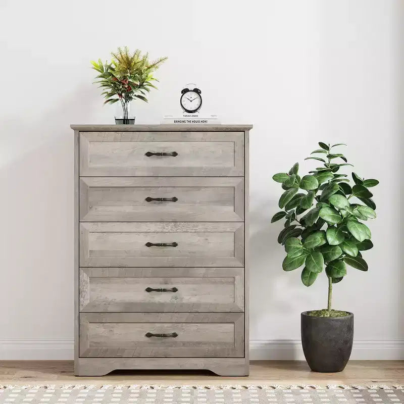 Commode simple grise à cinq tiroirs, commode grande capacité à cinq tiroirs, adaptée à divers scénarios, conception de sécurité anti-basculement