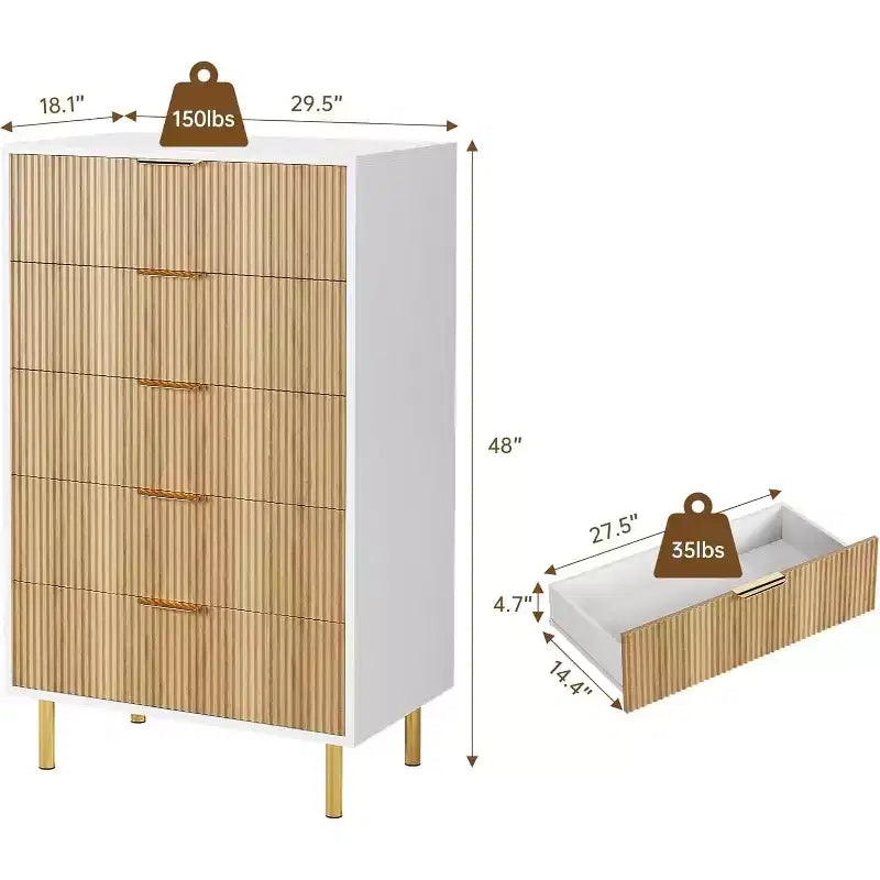 Commode à 5 tiroirs pour chambre, avec poignées en métal doré