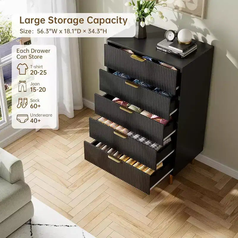 Commode à 5 tiroirs pour chambre, avec poignées en métal doré