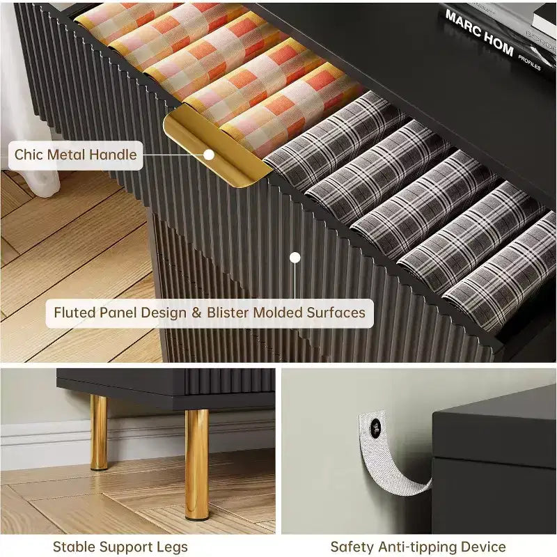 Commode à 5 tiroirs pour chambre, avec poignées en métal doré