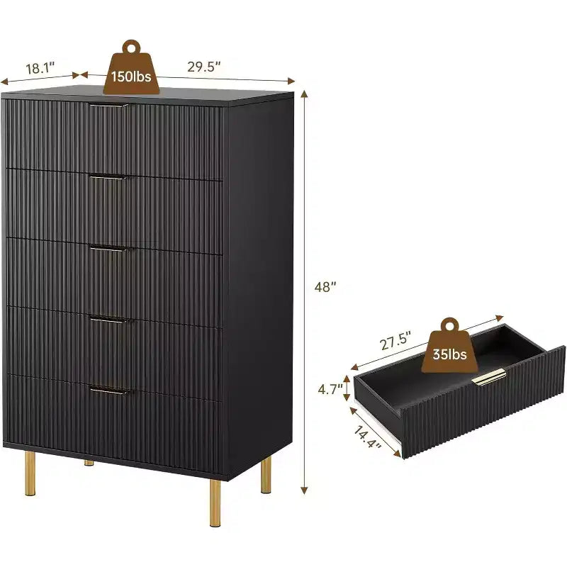 Commode à 5 tiroirs pour chambre, avec poignées en métal doré