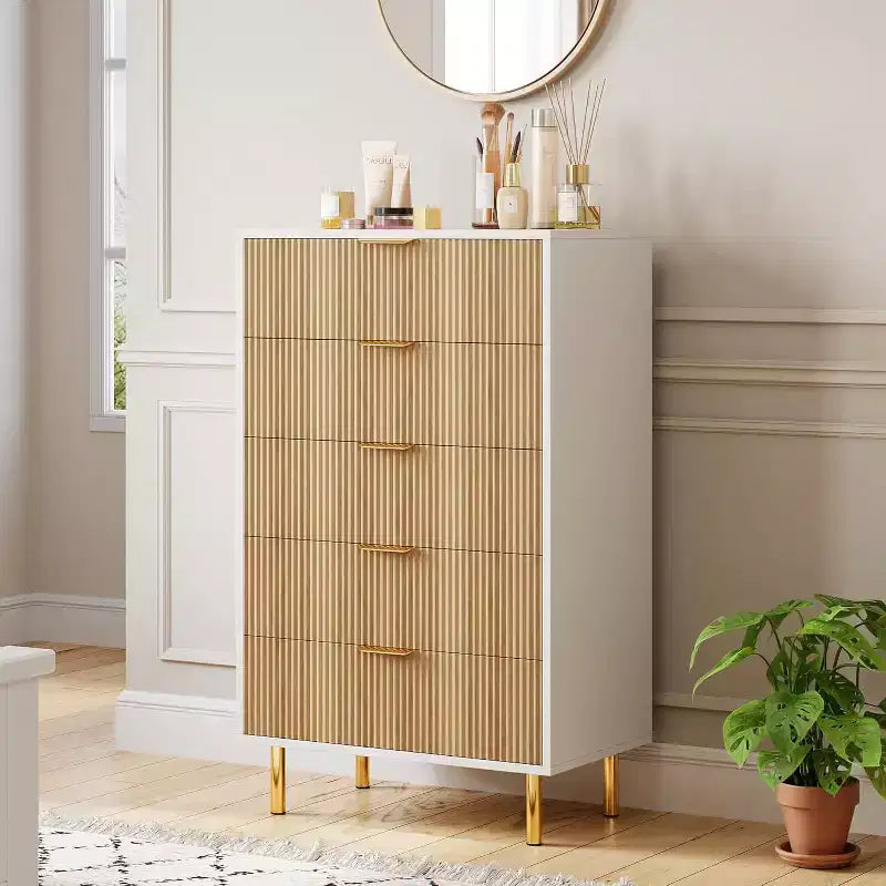Commode à 5 tiroirs pour chambre, avec poignées en métal doré