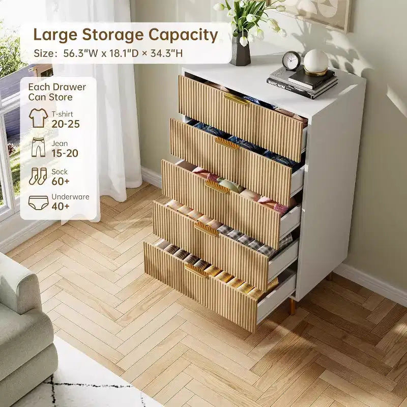 Commode à 5 tiroirs pour chambre, avec poignées en métal doré