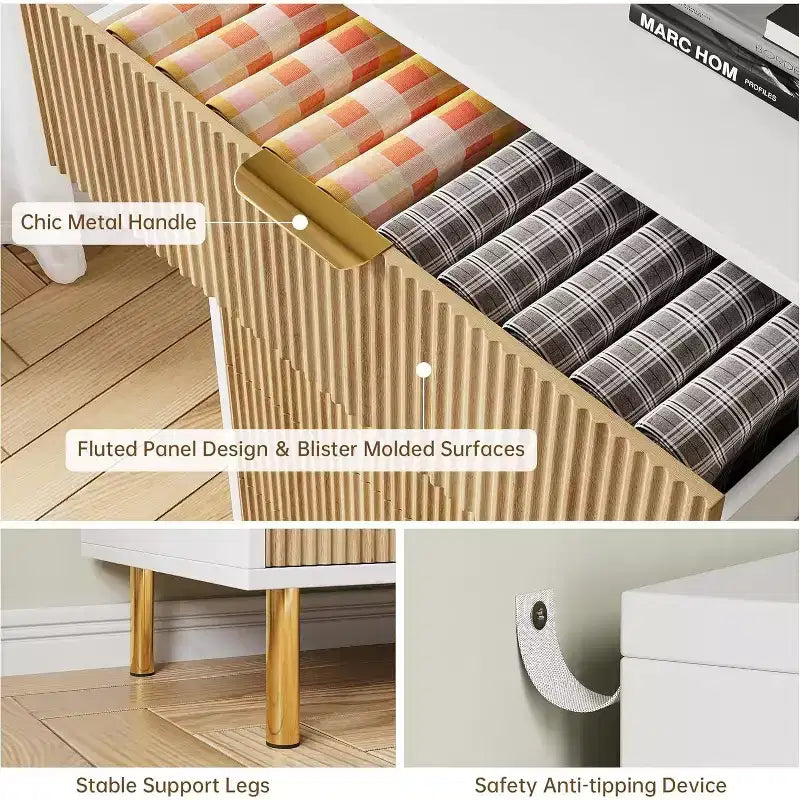Commode à 5 tiroirs pour chambre, avec poignées en métal doré