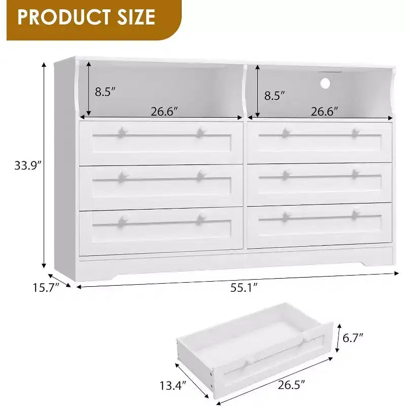 Commode à 6 tiroirs de 140 cm avec prise de courant et lumières LED, grande commode moderne, meuble TV large pour chambre à coucher, salon, couloir