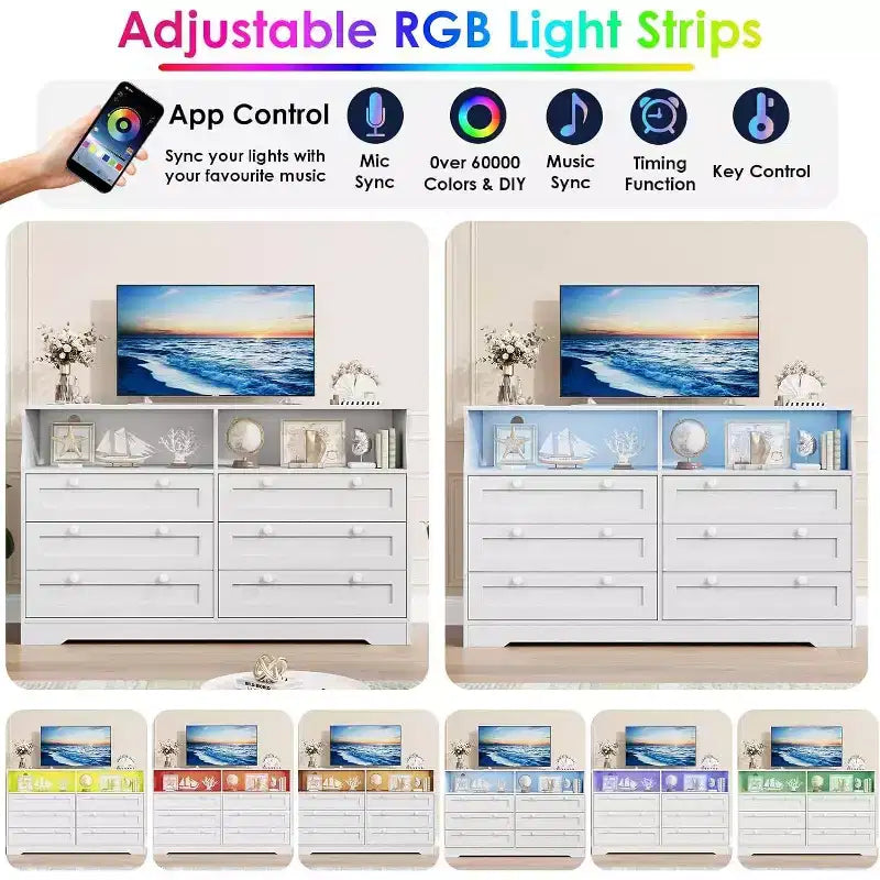 Commode à 6 tiroirs de 140 cm avec prise de courant et lumières LED, grande commode moderne, meuble TV large pour chambre à coucher, salon, couloir
