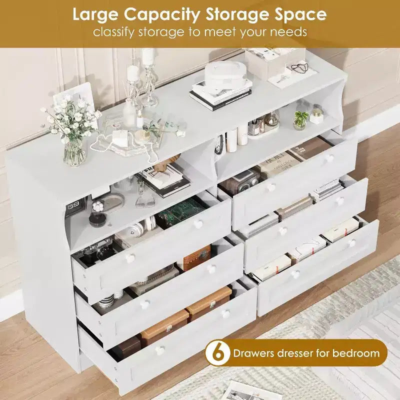 Commode à 6 tiroirs de 140 cm avec prise de courant et lumières LED, grande commode moderne, meuble TV large pour chambre à coucher, salon, couloir