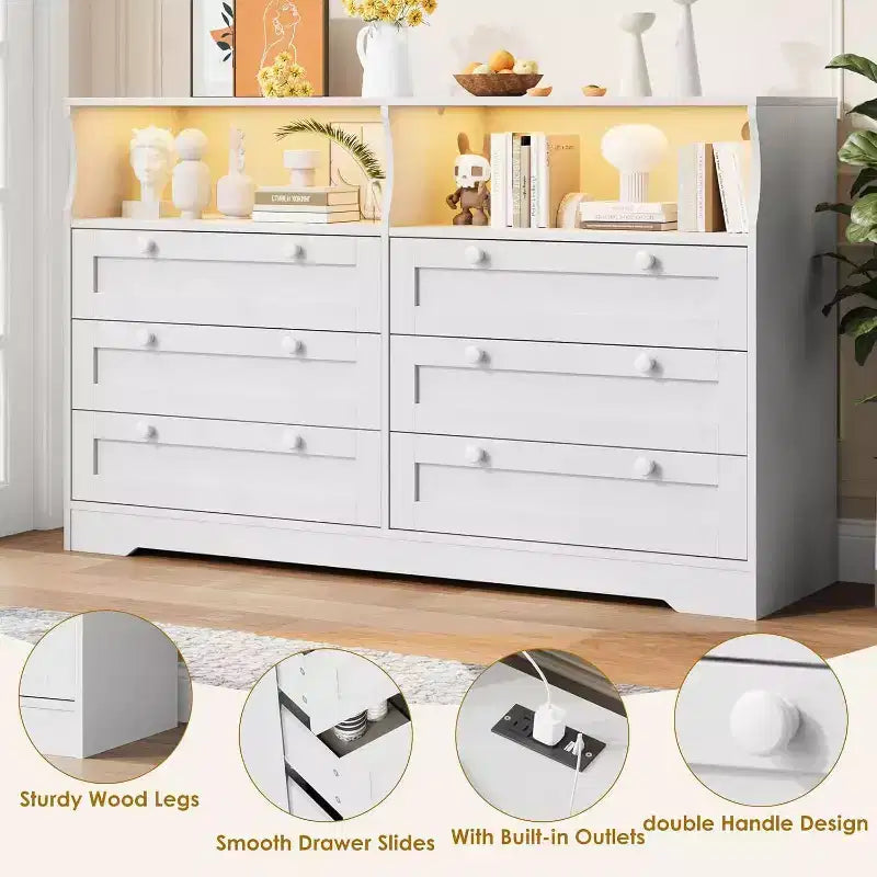 Commode à 6 tiroirs de 140 cm avec prise de courant et lumières LED, grande commode moderne, meuble TV large pour chambre à coucher, salon, couloir