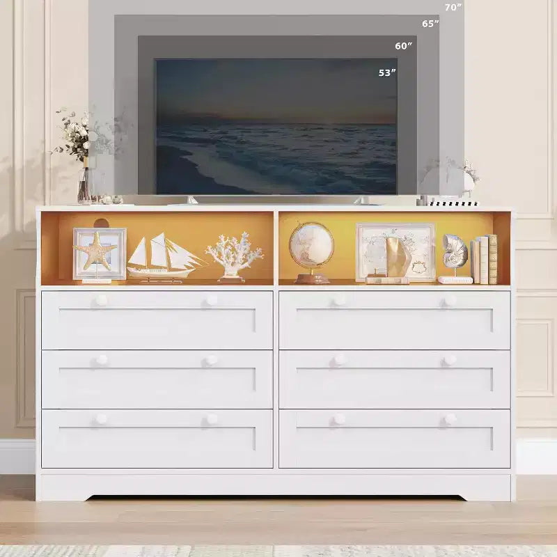 Commode à 6 tiroirs de 140 cm avec prise de courant et lumières LED, grande commode moderne, meuble TV large pour chambre à coucher, salon, couloir