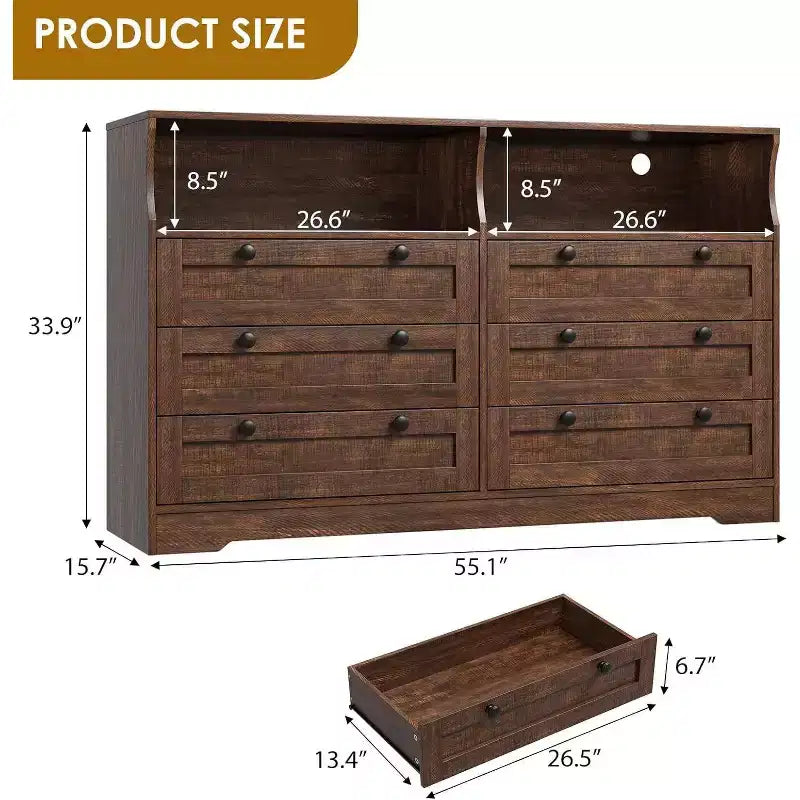 Commode à 6 tiroirs de 140 cm avec prise de courant et lumières LED, grande commode moderne, meuble TV large pour chambre à coucher, salon, couloir