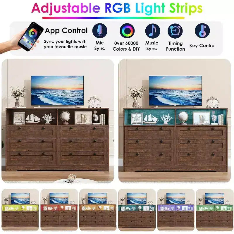Commode à 6 tiroirs de 140 cm avec prise de courant et lumières LED, grande commode moderne, meuble TV large pour chambre à coucher, salon, couloir