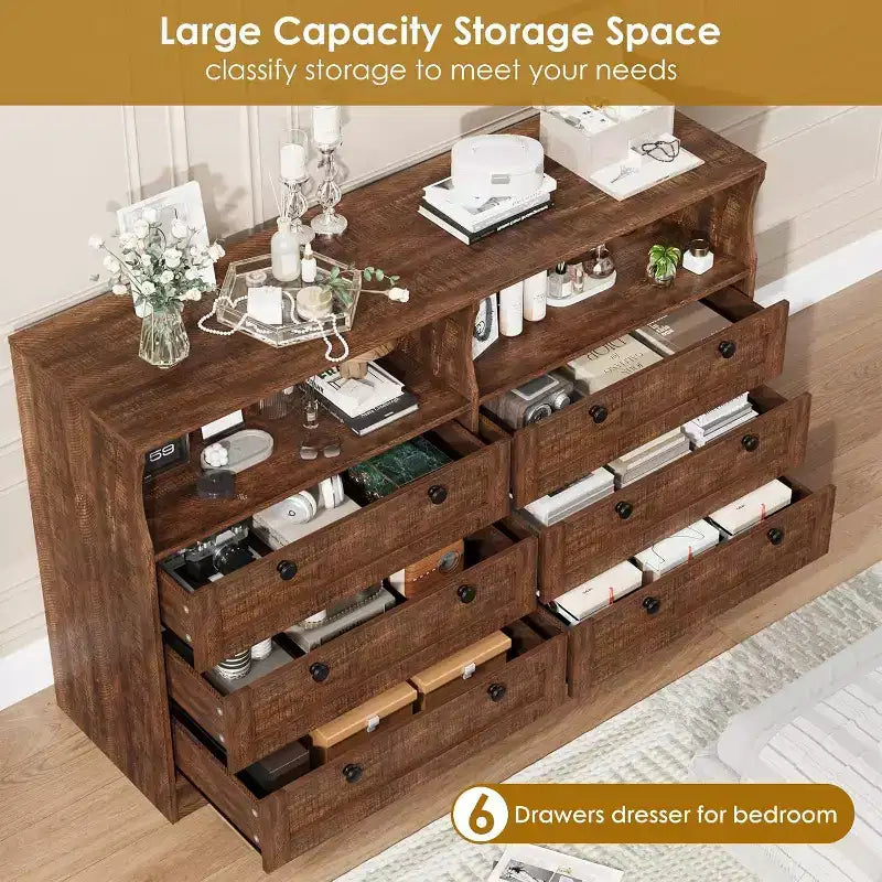 Commode à 6 tiroirs de 140 cm avec prise de courant et lumières LED, grande commode moderne, meuble TV large pour chambre à coucher, salon, couloir