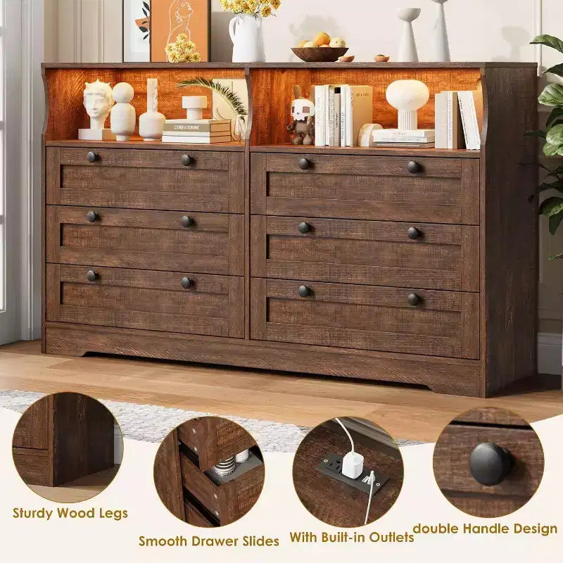 Commode à 6 tiroirs de 140 cm avec prise de courant et lumières LED, grande commode moderne, meuble TV large pour chambre à coucher, salon, couloir