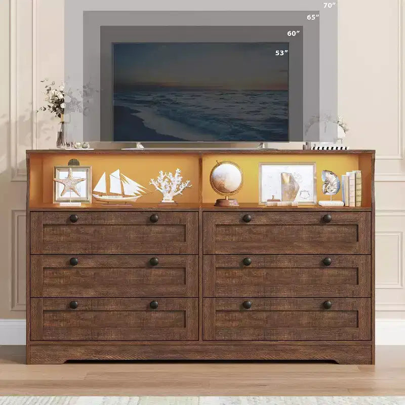 Commode à 6 tiroirs de 140 cm avec prise de courant et lumières LED, grande commode moderne, meuble TV large pour chambre à coucher, salon, couloir