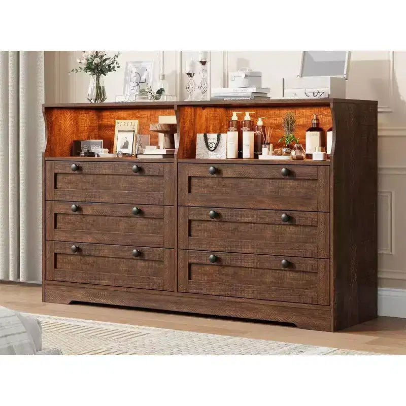 Acekool 55 6 Drawer Dresser with Power Outlet &amp; LED Lights, Large Modern Chest, Wide Dresser TV Stand for Bedroom Living Room Hallway