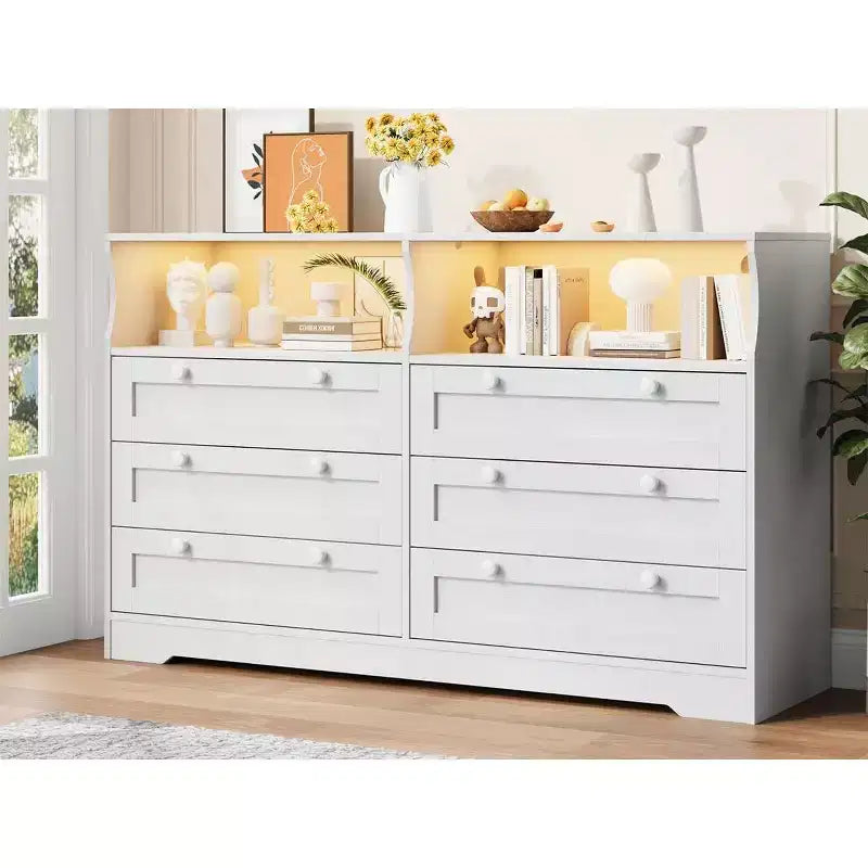Commode à 6 tiroirs de 140 cm avec prise de courant et lumières LED, grande commode moderne, meuble TV large pour chambre à coucher, salon, couloir