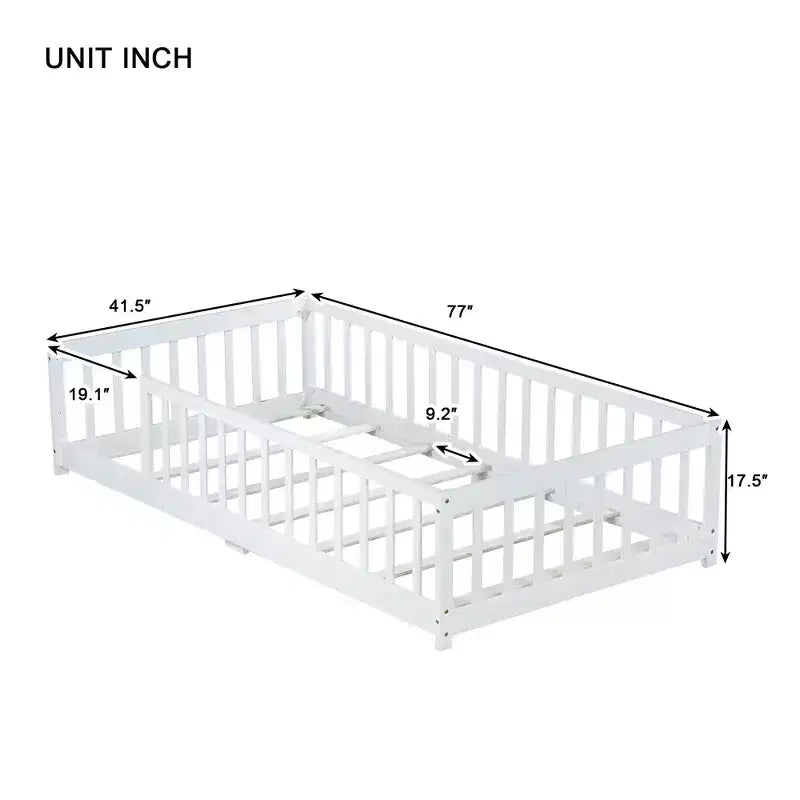 Lit jumeau au sol avec clôture sans porte, garde-corps en bois d'hévéa blanc
