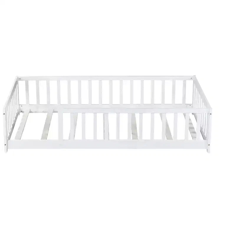 Lit jumeau au sol avec clôture sans porte, garde-corps en bois d'hévéa blanc