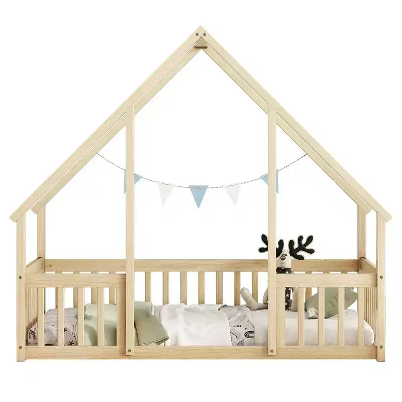 Lit de sol cabane jumeau avec clôture, garde-corps beige