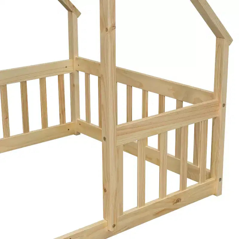 Lit de sol cabane jumeau avec clôture, garde-corps beige