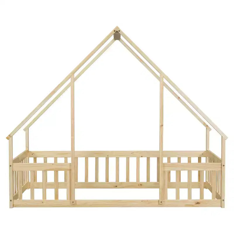 Lit de sol cabane jumeau avec clôture, garde-corps beige