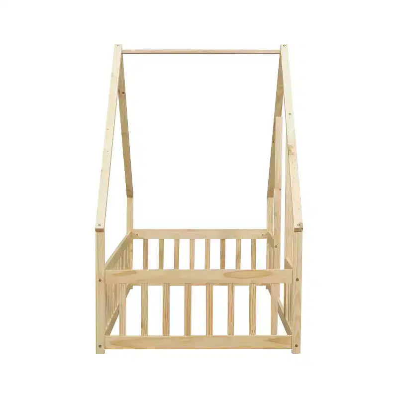 Lit de sol cabane jumeau avec clôture, garde-corps beige