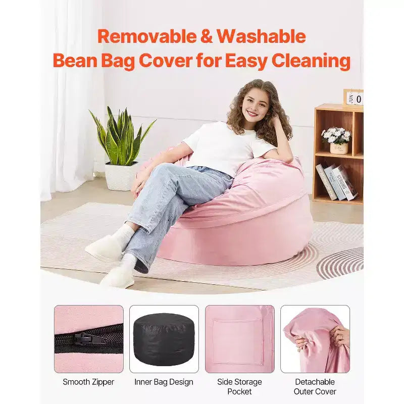 Pouf poire, pouf poire rond de 91 cm avec housse amovible et lavable, rembourré de mousse à mémoire de forme 25D avec velours hollandais doux et lisse, rose