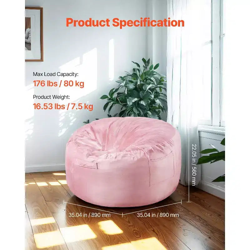 Pouf poire, pouf poire rond de 91 cm avec housse amovible et lavable, rembourré de mousse à mémoire de forme 25D avec velours hollandais doux et lisse, rose