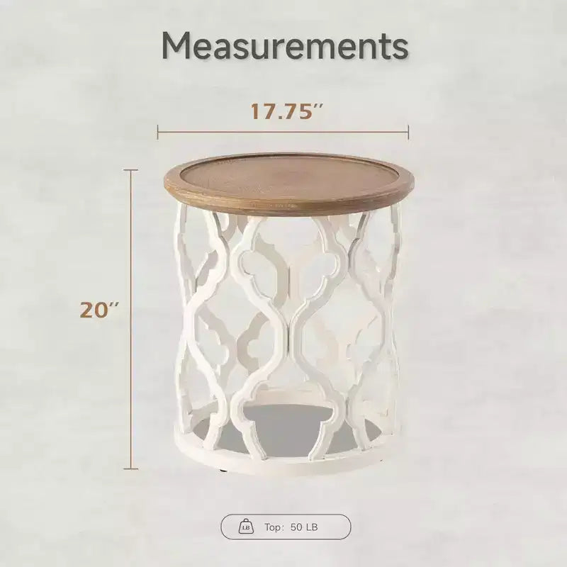 Table d'appoint ronde rustique avec plateau en bois, pour salon ou chambre, petit meuble de 45 x 51 cm, blanc