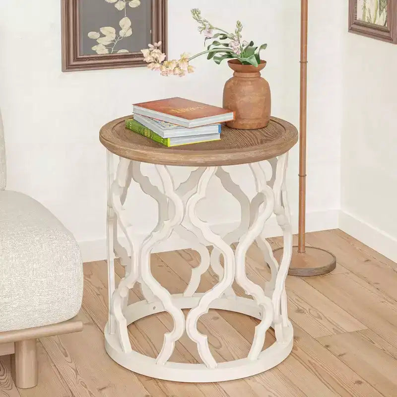 Table d'appoint ronde rustique avec plateau en bois, pour salon ou chambre, petit meuble de 45 x 51 cm, blanc