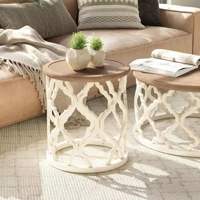 Table d'appoint ronde rustique avec plateau en bois, pour salon ou chambre, petit meuble de 45 x 51 cm, blanc