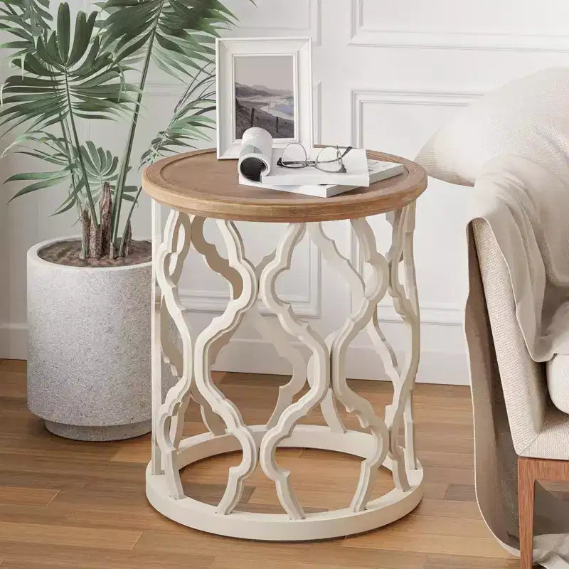 Table d'appoint ronde rustique avec plateau en bois, pour salon ou chambre, petit meuble de 45 x 51 cm, blanc