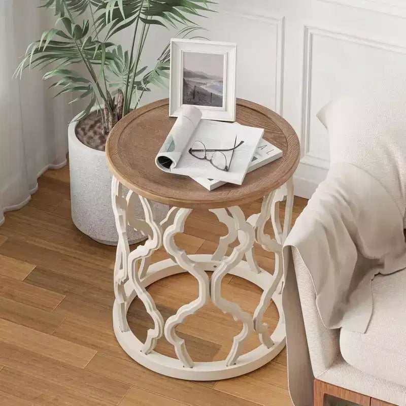 Table d'appoint ronde rustique avec plateau en bois, pour salon ou chambre, petit meuble de 45 x 51 cm, blanc
