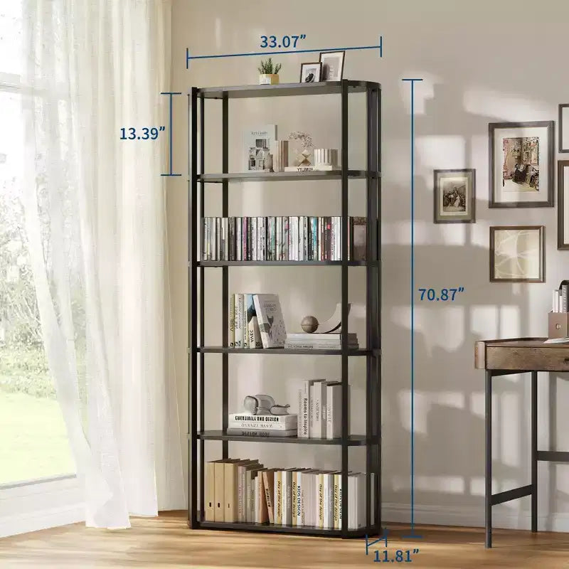 6-Tier Tall Bookshelf, Industrial Bookcase with Open Shelves &amp; Metal Frame, Space Saving Display Shelf for Living Room Office Apartments