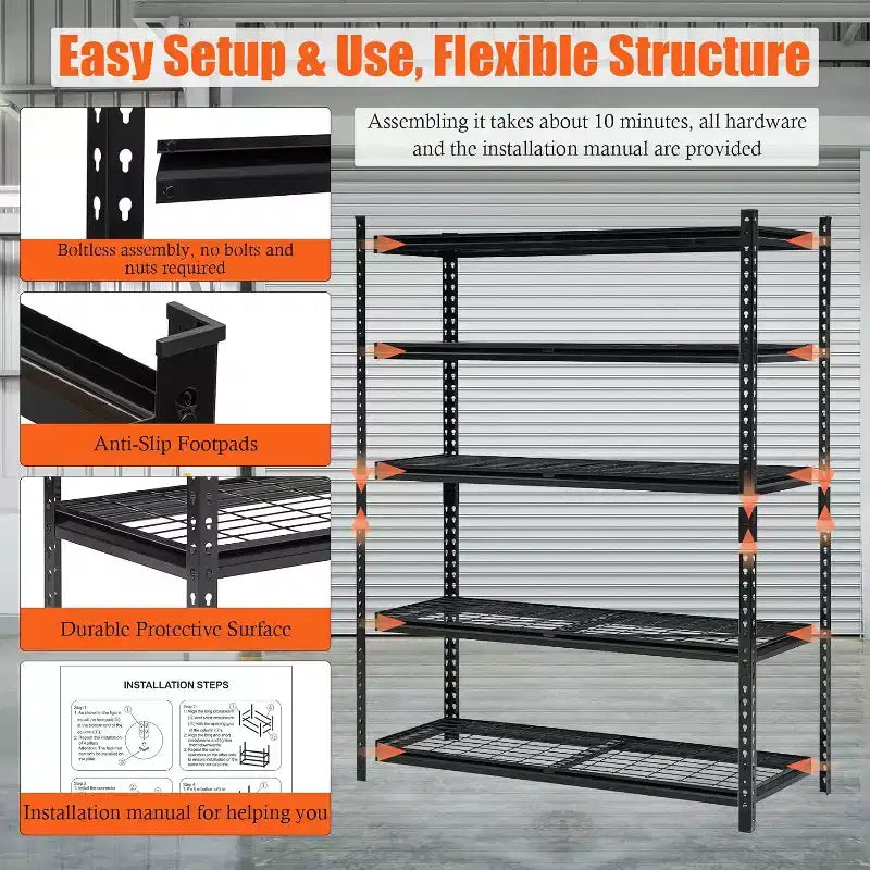 Étagère de garage robuste à 5 niveaux, rangement de garage avec étagères réglables pour cellier de cuisine, sous-sol, noir